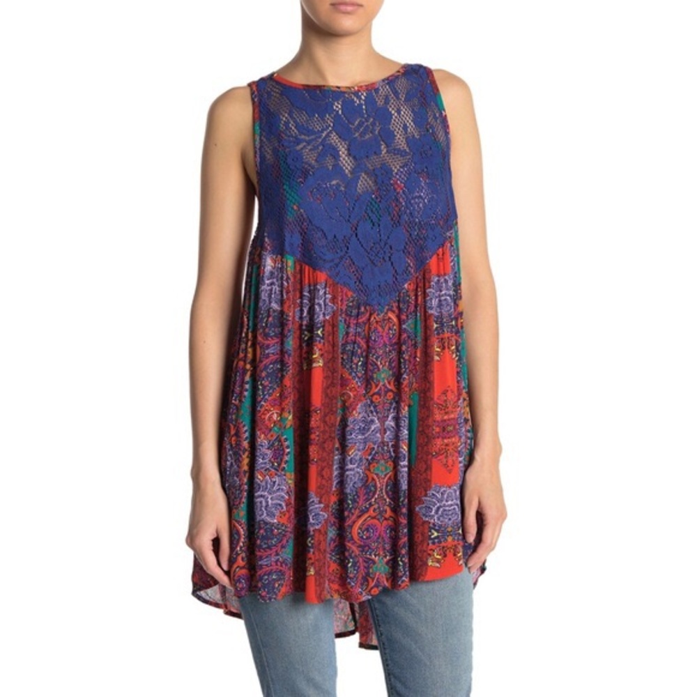 Free People Count Me In Trapeze Top Tank Flowy Lace Detail Tribal Aztec Dress
